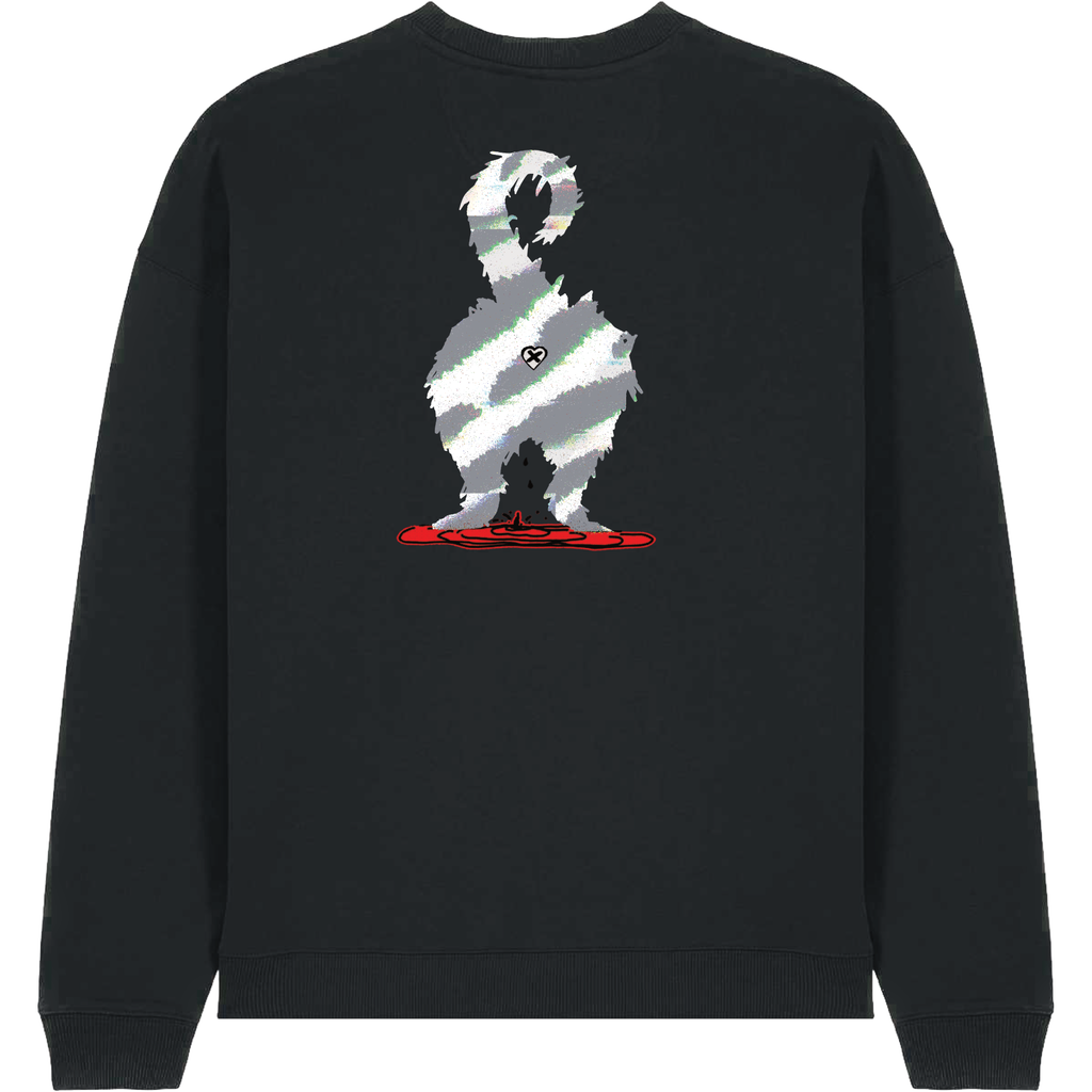 A black crewneck sweatshirt featuring a graphic print of a dog silhouette filled with diagonal gray and white stripes, standing on a red base.