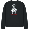 A black crewneck sweatshirt featuring a graphic print of a dog silhouette filled with diagonal gray and white stripes, standing on a red base.