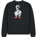 A black crewneck sweatshirt featuring a graphic print of a dog silhouette filled with diagonal gray and white stripes, standing on a red base.