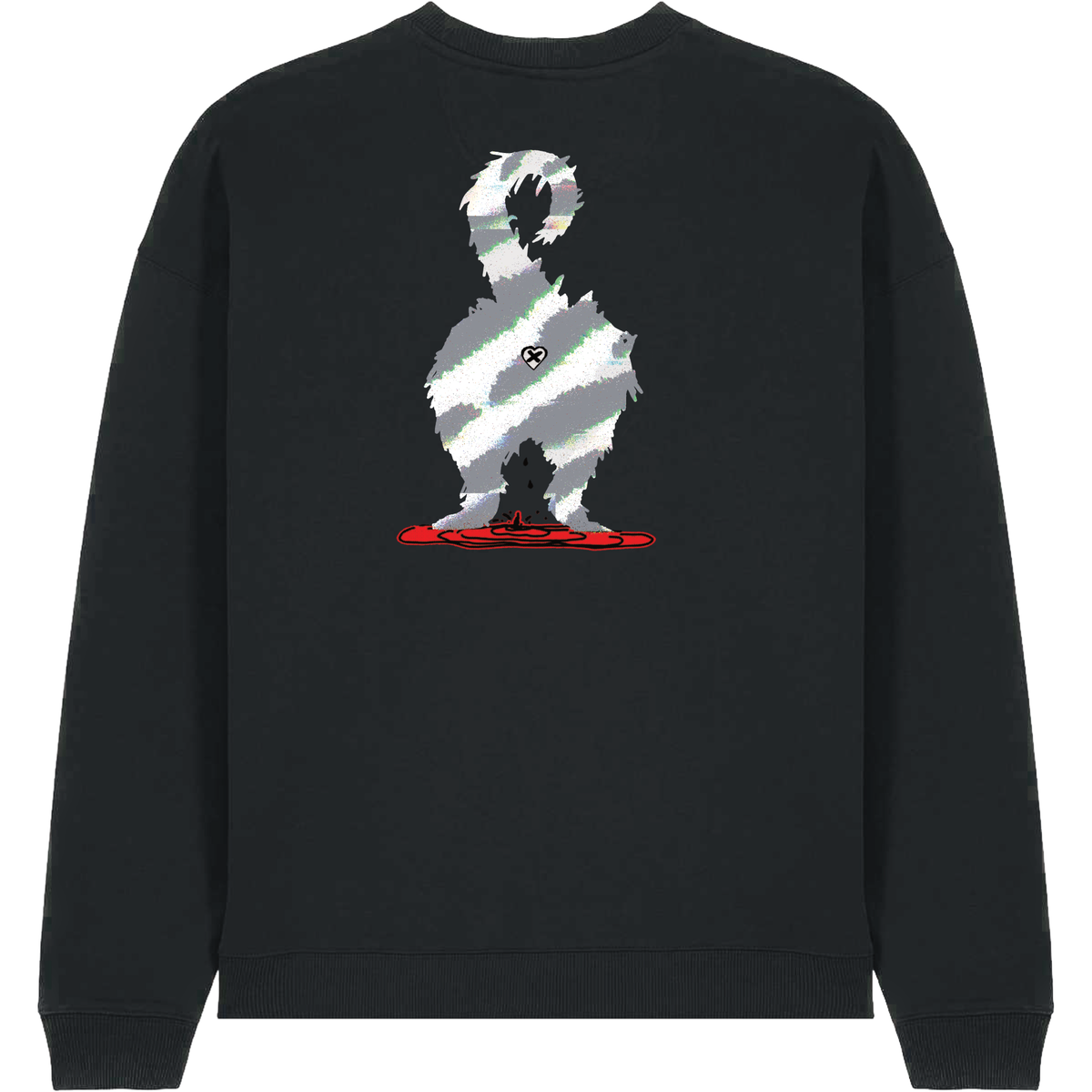 A black crewneck sweatshirt featuring a graphic print of a dog silhouette filled with diagonal gray and white stripes, standing on a red base.