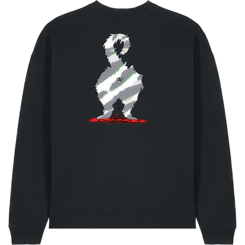 A black crewneck sweatshirt featuring a graphic print of a dog silhouette filled with diagonal gray and white stripes, standing on a red base.