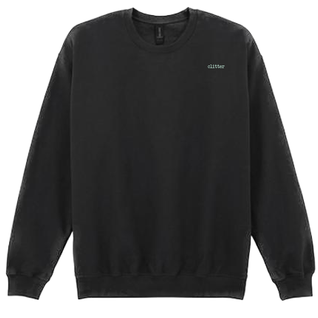 A black crewneck sweatshirt with a small white 'glitter' logo embroidered on the left chest, displayed against a solid white background.