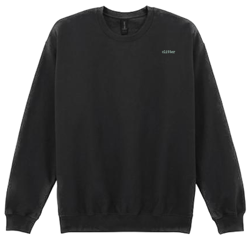 A black crewneck sweatshirt with a small white 'glitter' logo embroidered on the left chest, displayed against a solid white background.