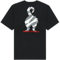 A black short-sleeve t-shirt featuring a graphic print of a shaggy dog standing on a red snowboard, with diagonal gray and white stripes across the dog's body and a small peace sign logo on its chest.