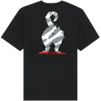 A black short-sleeve t-shirt featuring a graphic print of a shaggy dog standing on a red snowboard, with diagonal gray and white stripes across the dog's body and a small peace sign logo on its chest.