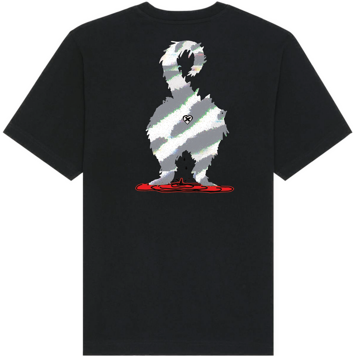 A black short-sleeve t-shirt featuring a graphic print of a shaggy dog standing on a red snowboard, with diagonal gray and white stripes across the dog's body and a small peace sign logo on its chest.