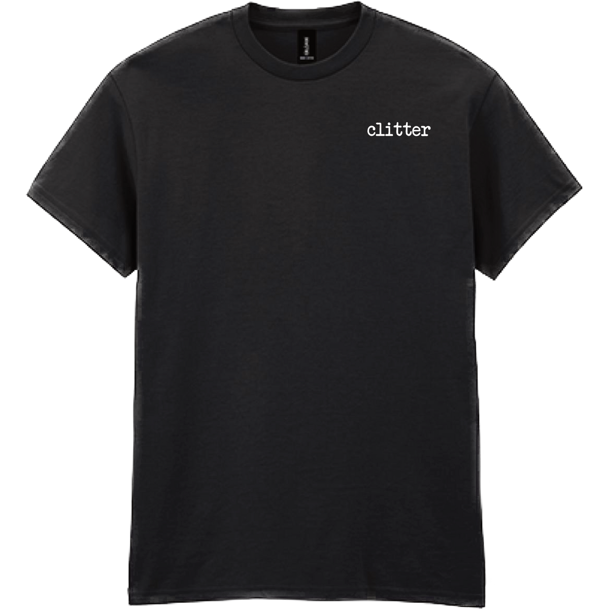 A black short-sleeve crewneck t-shirt with the word 'clitter' printed in white lowercase serif font on the left chest, shown against a plain white background.