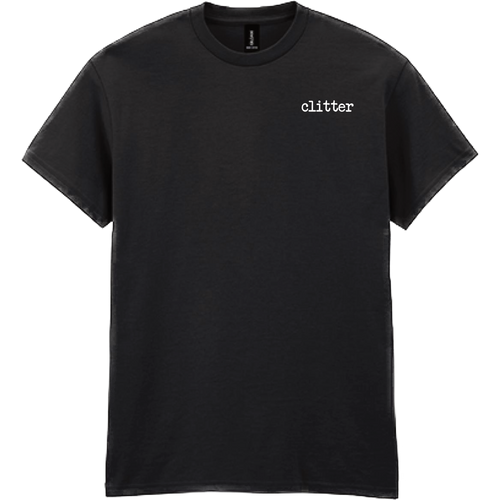 A black short-sleeve crewneck t-shirt with the word 'clitter' printed in white lowercase serif font on the left chest, shown against a plain white background.