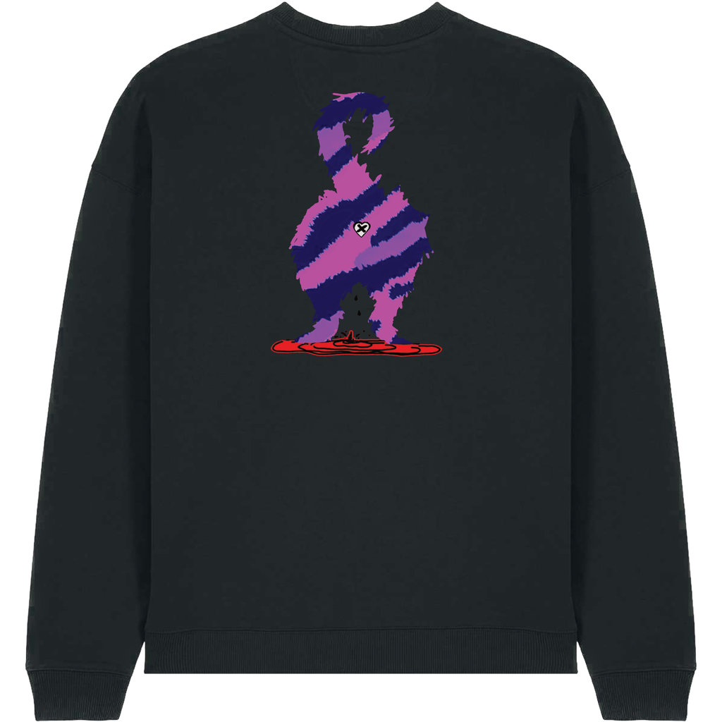 A black crewneck sweatshirt featuring a large graphic print on the back of a stylized, pixelated figure in purple and pink stripes with a small white eye and a red base.