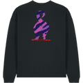 A black crewneck sweatshirt featuring a large graphic print on the back of a stylized, pixelated figure in purple and pink stripes with a small white eye and a red base.