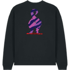 A black crewneck sweatshirt featuring a large graphic print on the back of a stylized, pixelated figure in purple and pink stripes with a small white eye and a red base.