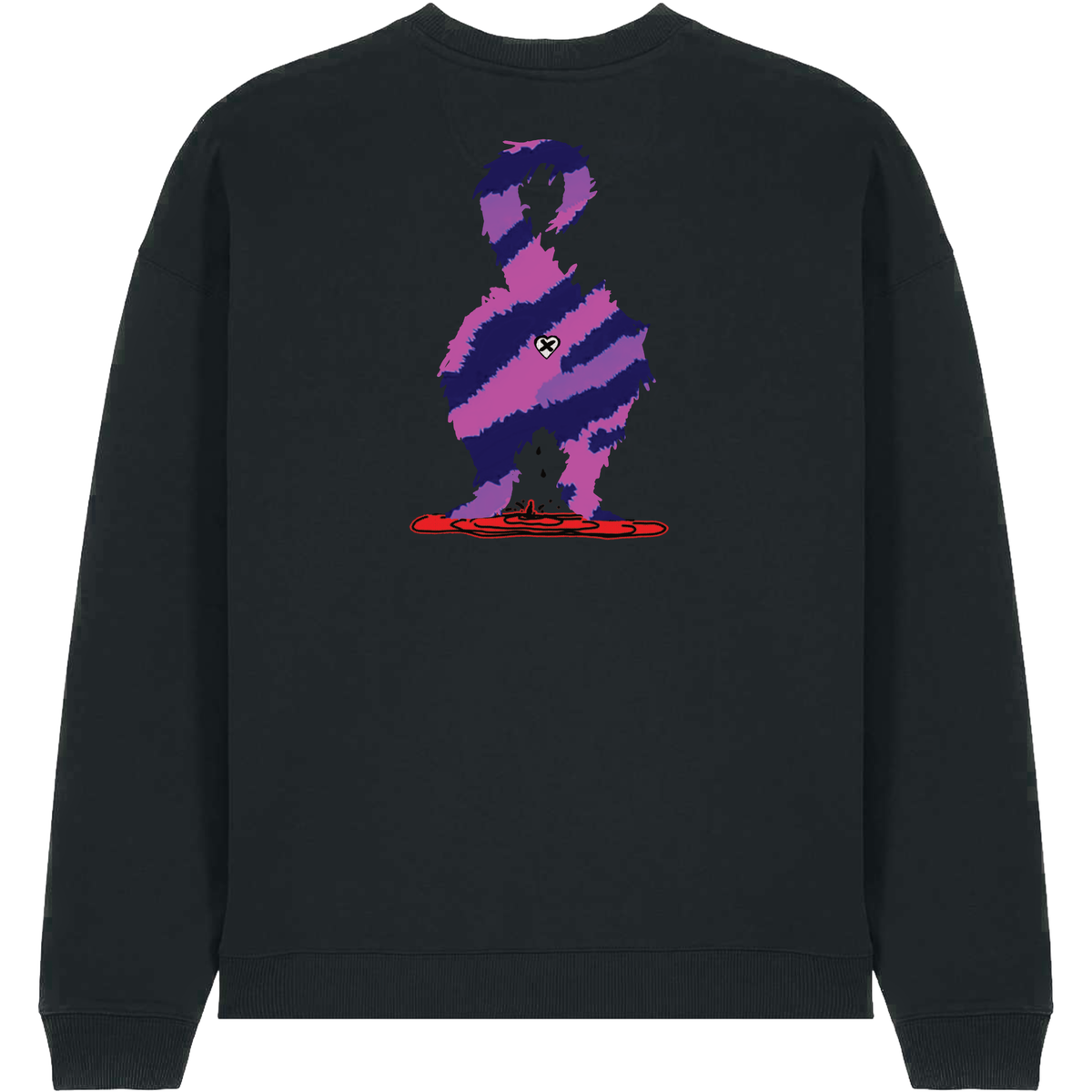A black crewneck sweatshirt featuring a large graphic print on the back of a stylized, pixelated figure in purple and pink stripes with a small white eye and a red base.