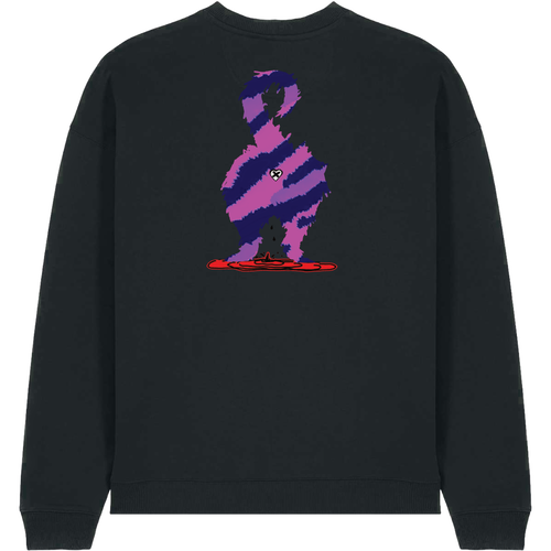 A black crewneck sweatshirt featuring a large graphic print on the back of a stylized, pixelated figure in purple and pink stripes with a small white eye and a red base.