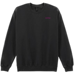 A black crewneck sweatshirt with the word 'glitter' printed in a small pink font on the left chest, displayed against a solid white background.