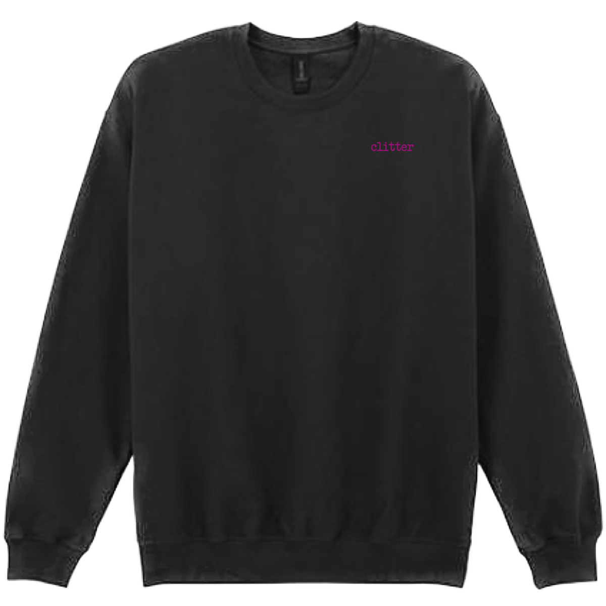 A black crewneck sweatshirt with the word 'glitter' printed in a small pink font on the left chest, displayed against a solid white background.