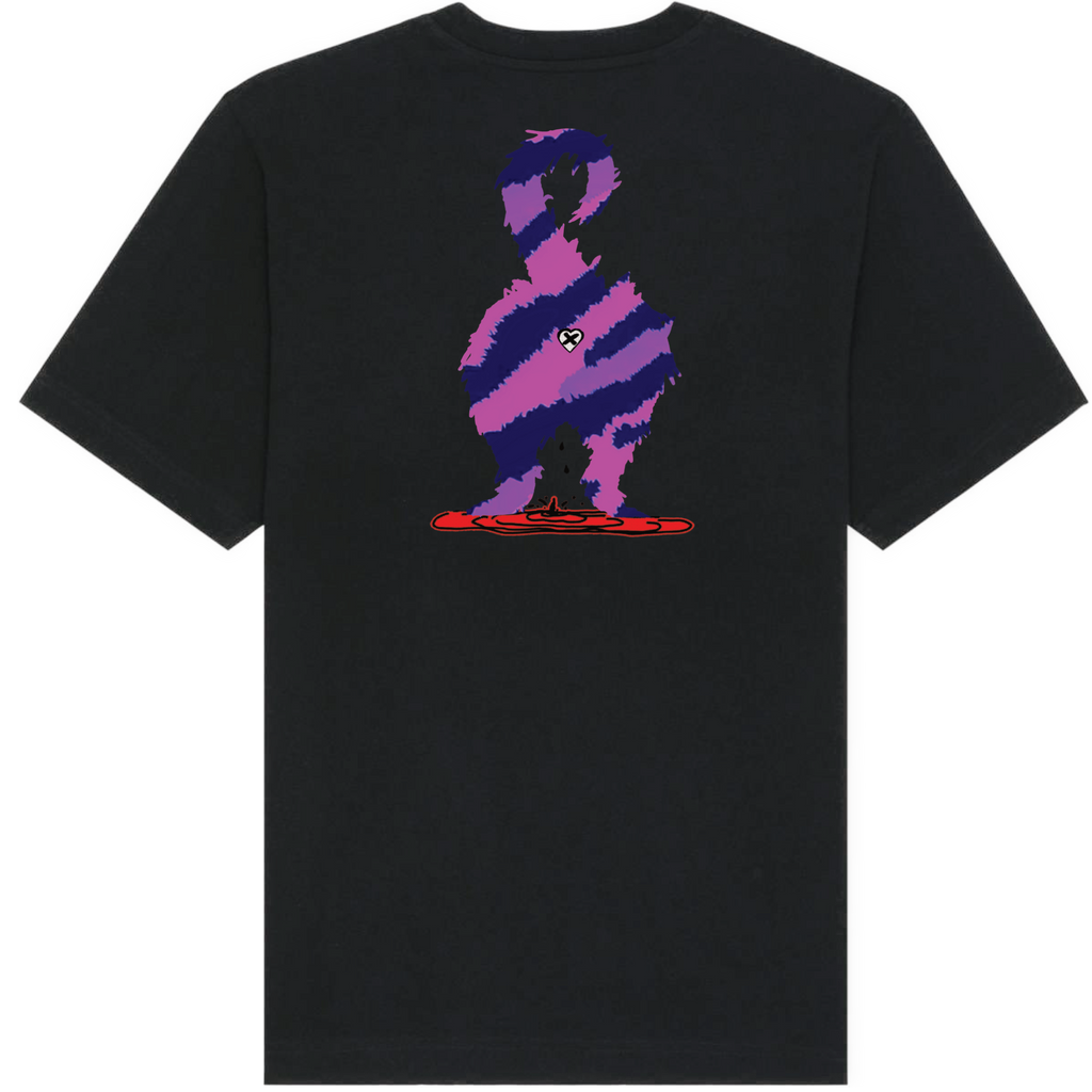 A black short-sleeve t-shirt with a large graphic print on the back. The graphic features a stylized, pixelated figure in purple and pink stripes standing on a red base, with a small skull-and-crossbones detail.