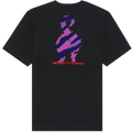 A black short-sleeve t-shirt with a large graphic print on the back. The graphic features a stylized, pixelated figure in purple and pink stripes standing on a red base, with a small skull-and-crossbones detail.