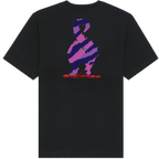 A black short-sleeve t-shirt with a large graphic print on the back. The graphic features a stylized, pixelated figure in purple and pink stripes standing on a red base, with a small skull-and-crossbones detail.