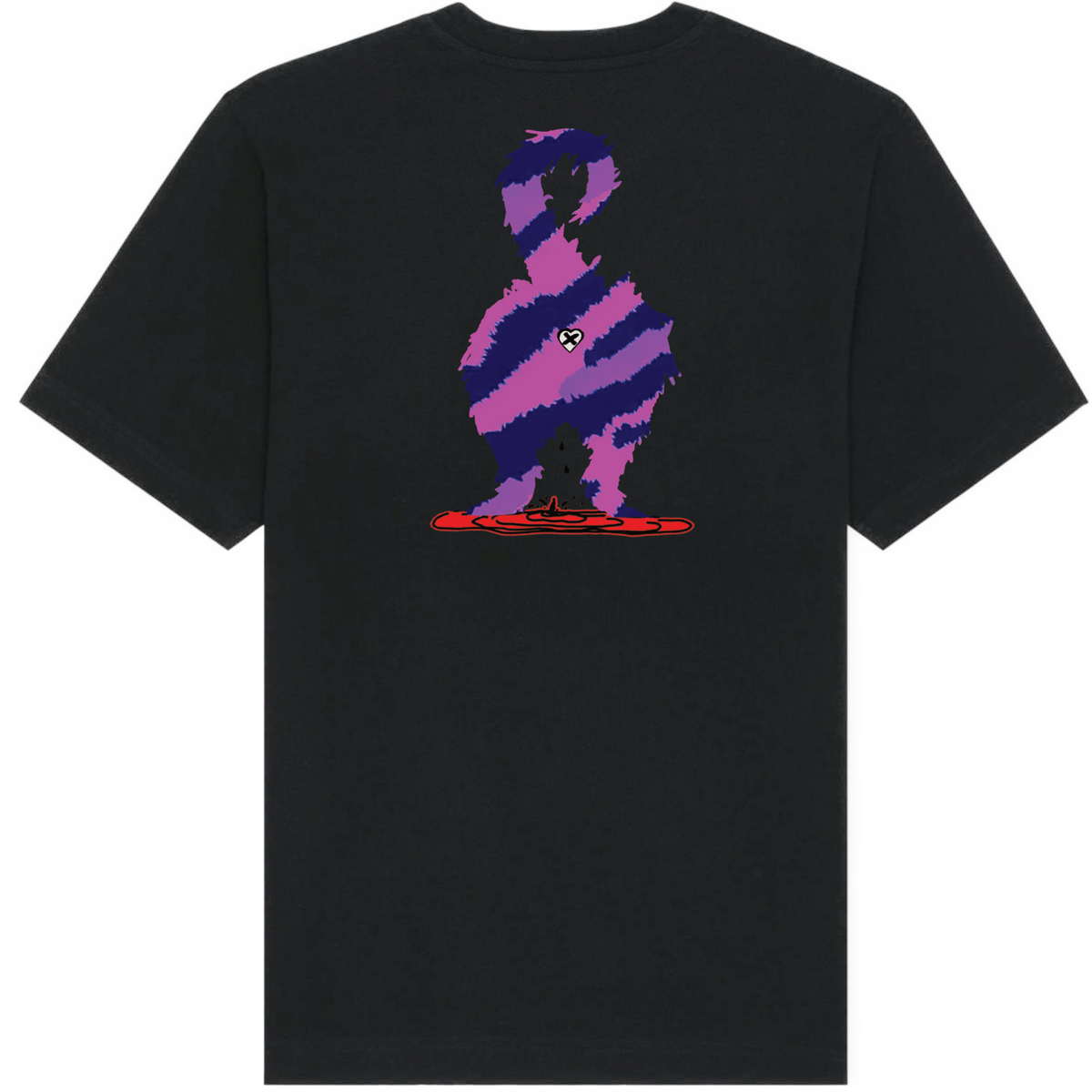 A black short-sleeve t-shirt with a large graphic print on the back. The graphic features a stylized, pixelated figure in purple and pink stripes standing on a red base, with a small skull-and-crossbones detail.