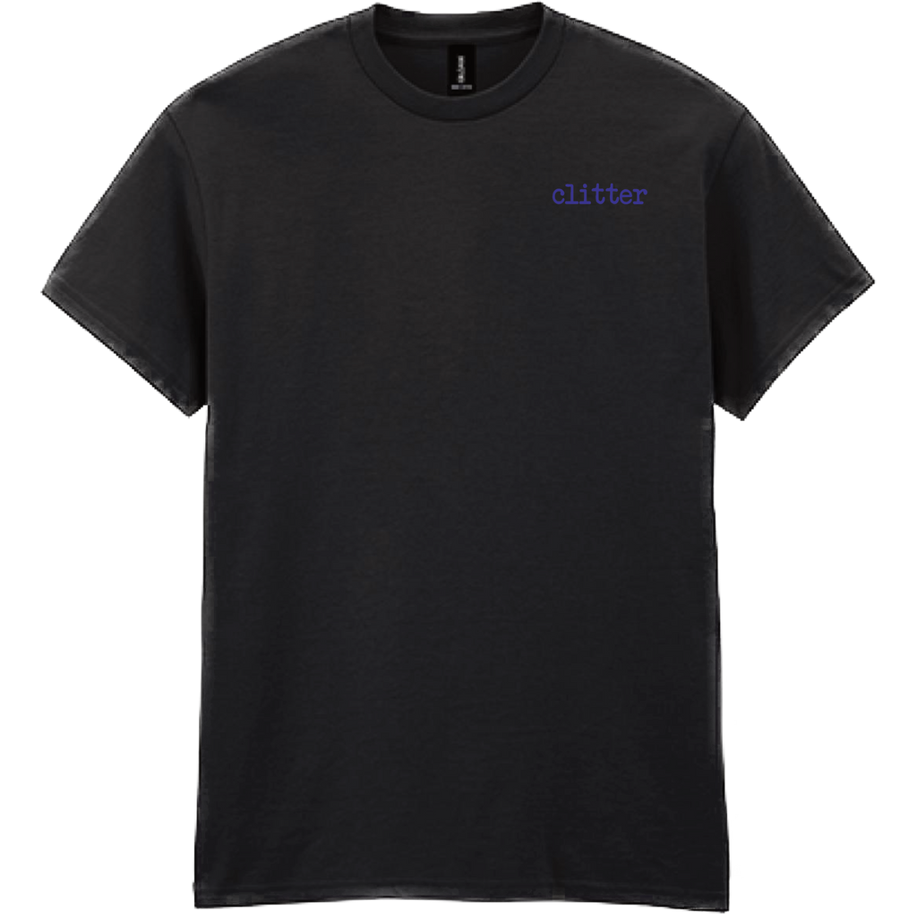 A black short-sleeve crewneck t-shirt with the word 'clitter' printed in a small purple typewriter font on the left chest, shown against a plain white background.