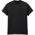 A black short-sleeve crewneck t-shirt with the word 'clitter' printed in a small purple typewriter font on the left chest, shown against a plain white background.