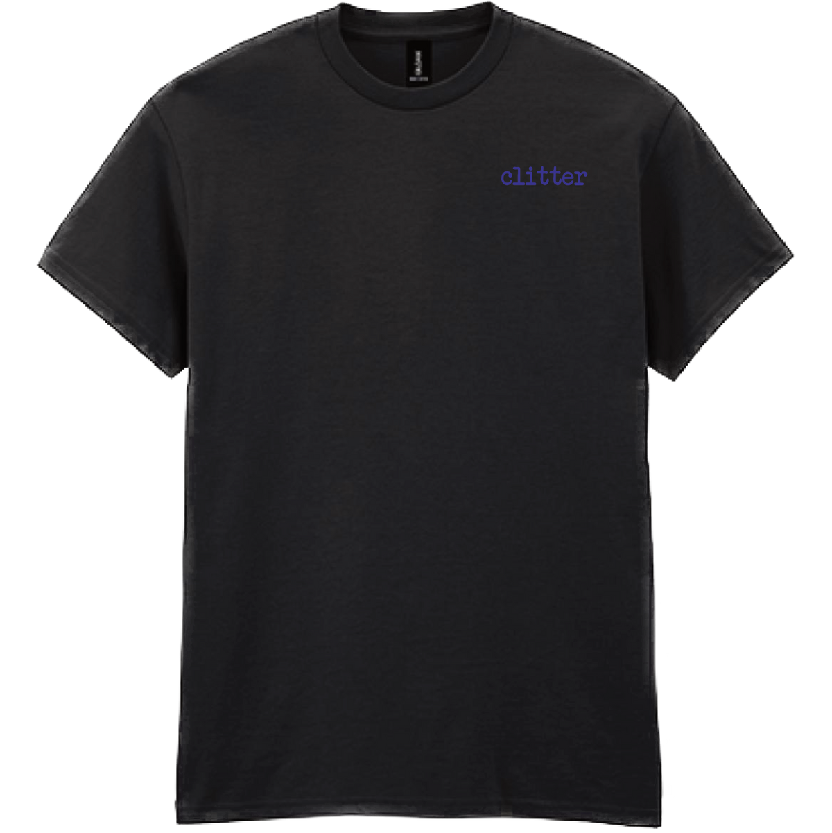 A black short-sleeve crewneck t-shirt with the word 'clitter' printed in a small purple typewriter font on the left chest, shown against a plain white background.