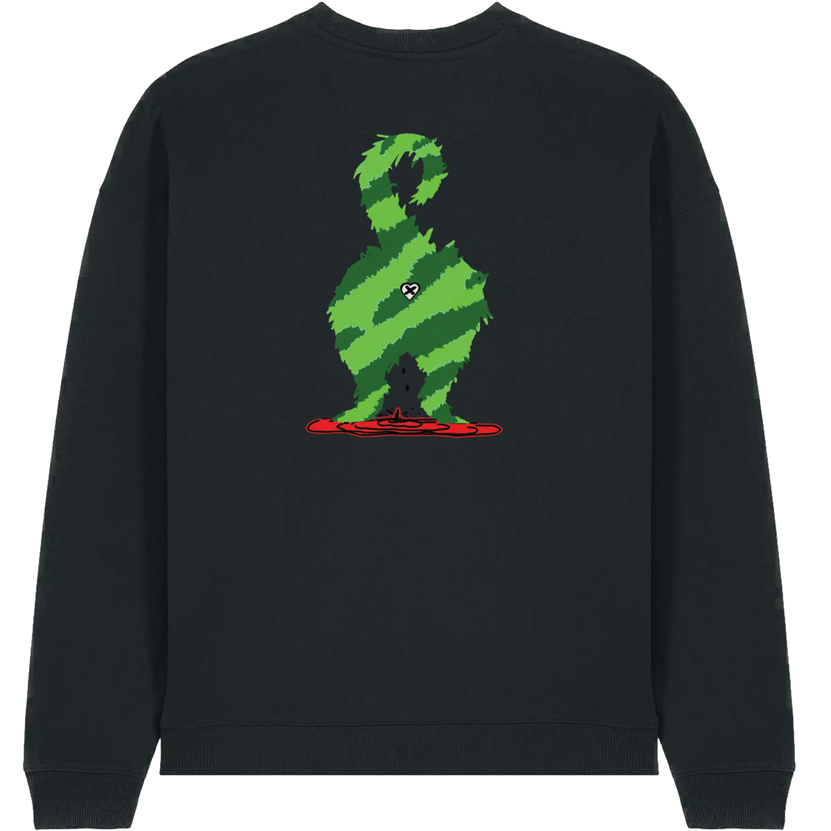 A black crewneck sweatshirt featuring a green pixel-art style graphic of a cat on a red skateboard on the front, set against a plain white background.