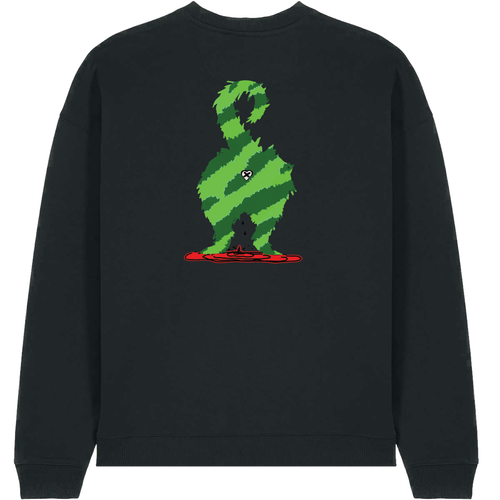 A black crewneck sweatshirt featuring a green pixel-art style graphic of a cat on a red skateboard on the front, set against a plain white background.