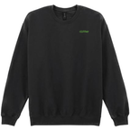 A black crewneck sweatshirt with the word 'glitter' printed in a small green font on the left chest, displayed against a solid white background.