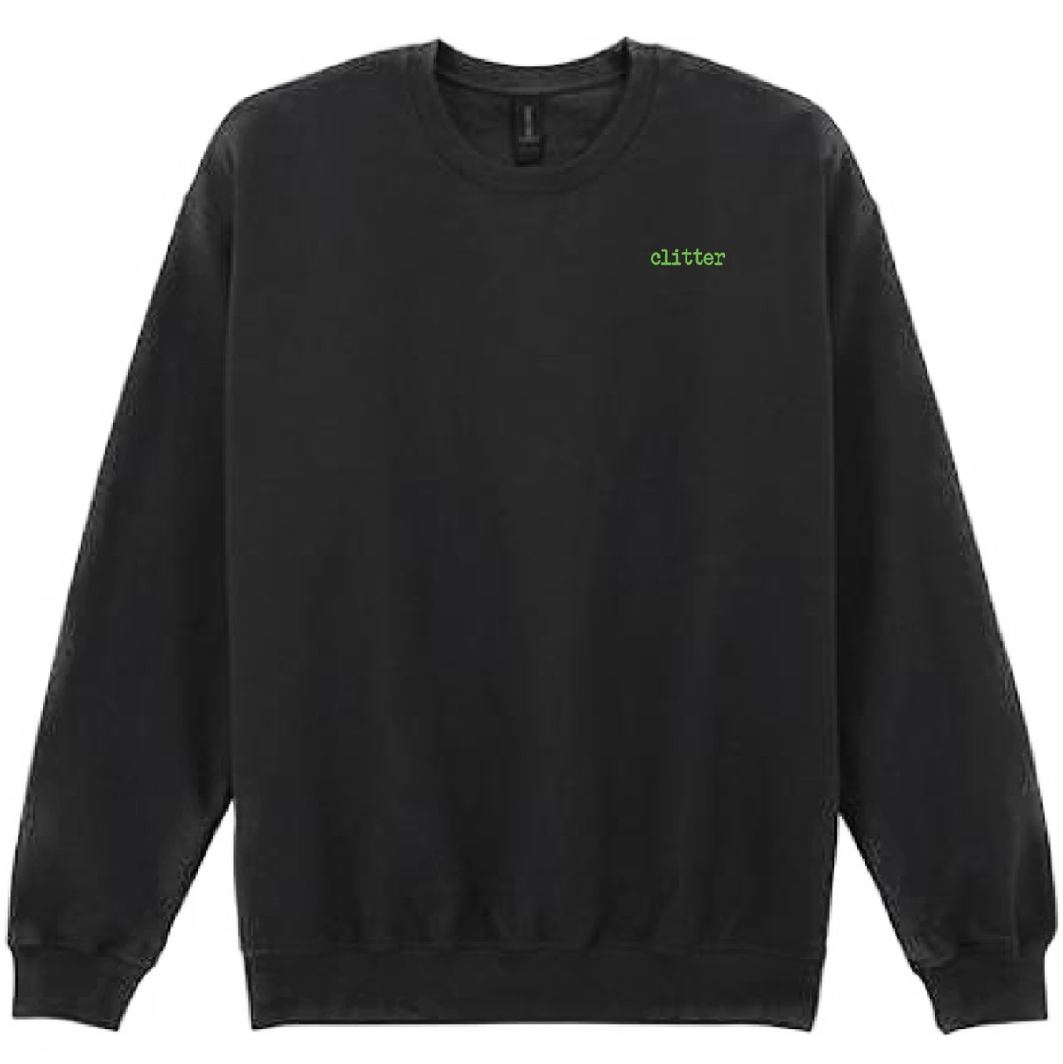 A black crewneck sweatshirt with the word 'glitter' printed in a small green font on the left chest, displayed against a solid white background.