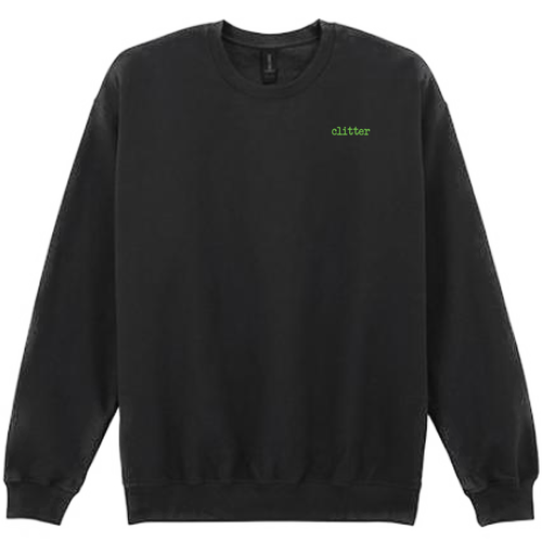 A black crewneck sweatshirt with the word 'glitter' printed in a small green font on the left chest, displayed against a solid white background.