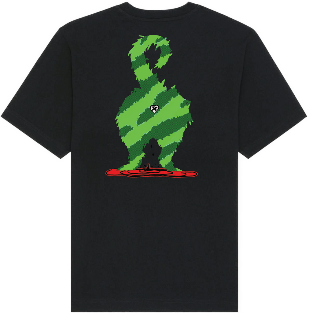 A black short-sleeve t-shirt with a large graphic on the back depicting a green and black striped creature silhouette dripping red liquid, with a small soccer ball logo on the back of the graphic.