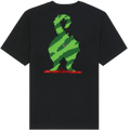 A black short-sleeve t-shirt with a large graphic on the back depicting a green and black striped creature silhouette dripping red liquid, with a small soccer ball logo on the back of the graphic.