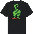 A black short-sleeve t-shirt with a large graphic on the back depicting a green and black striped creature silhouette dripping red liquid, with a small soccer ball logo on the back of the graphic.