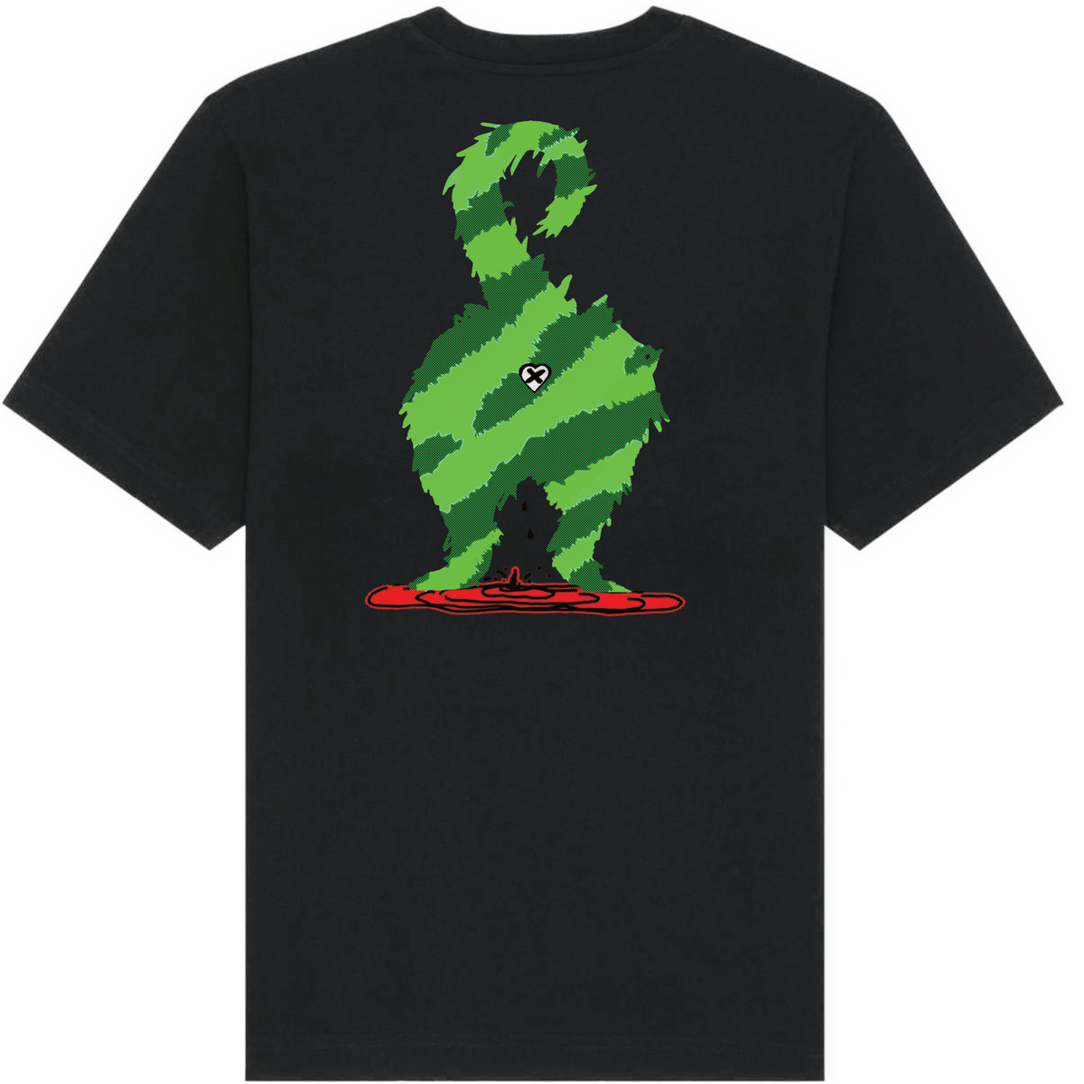 A black short-sleeve t-shirt with a large graphic on the back depicting a green and black striped creature silhouette dripping red liquid, with a small soccer ball logo on the back of the graphic.