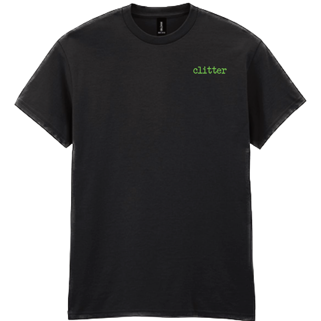 A black short-sleeve crewneck t-shirt with the word 'clitter' printed in a small green typewriter font on the left chest, shown against a plain white background.