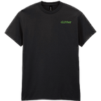 A black short-sleeve crewneck t-shirt with the word 'clitter' printed in a small green typewriter font on the left chest, shown against a plain white background.