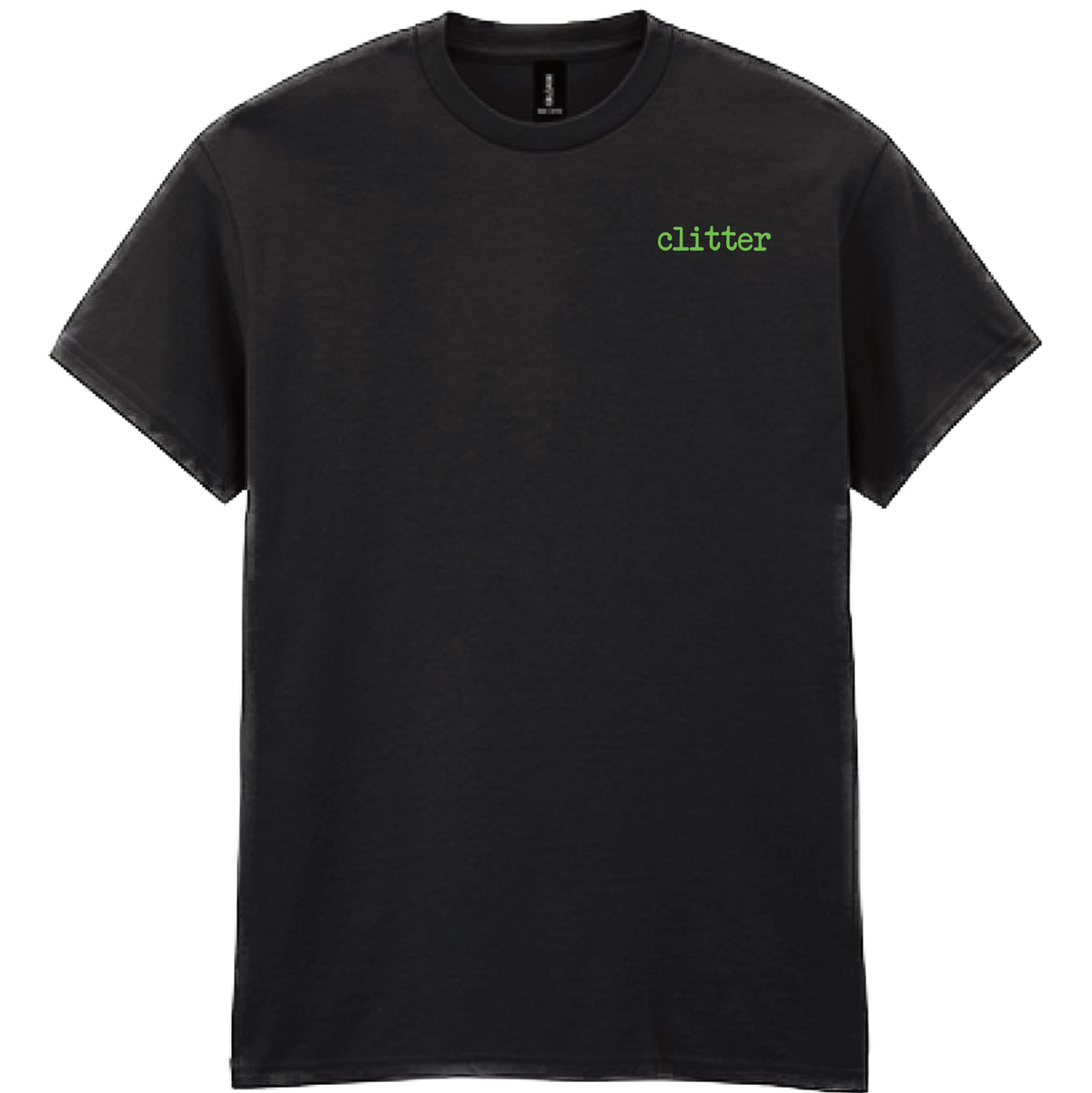 A black short-sleeve crewneck t-shirt with the word 'clitter' printed in a small green typewriter font on the left chest, shown against a plain white background.
