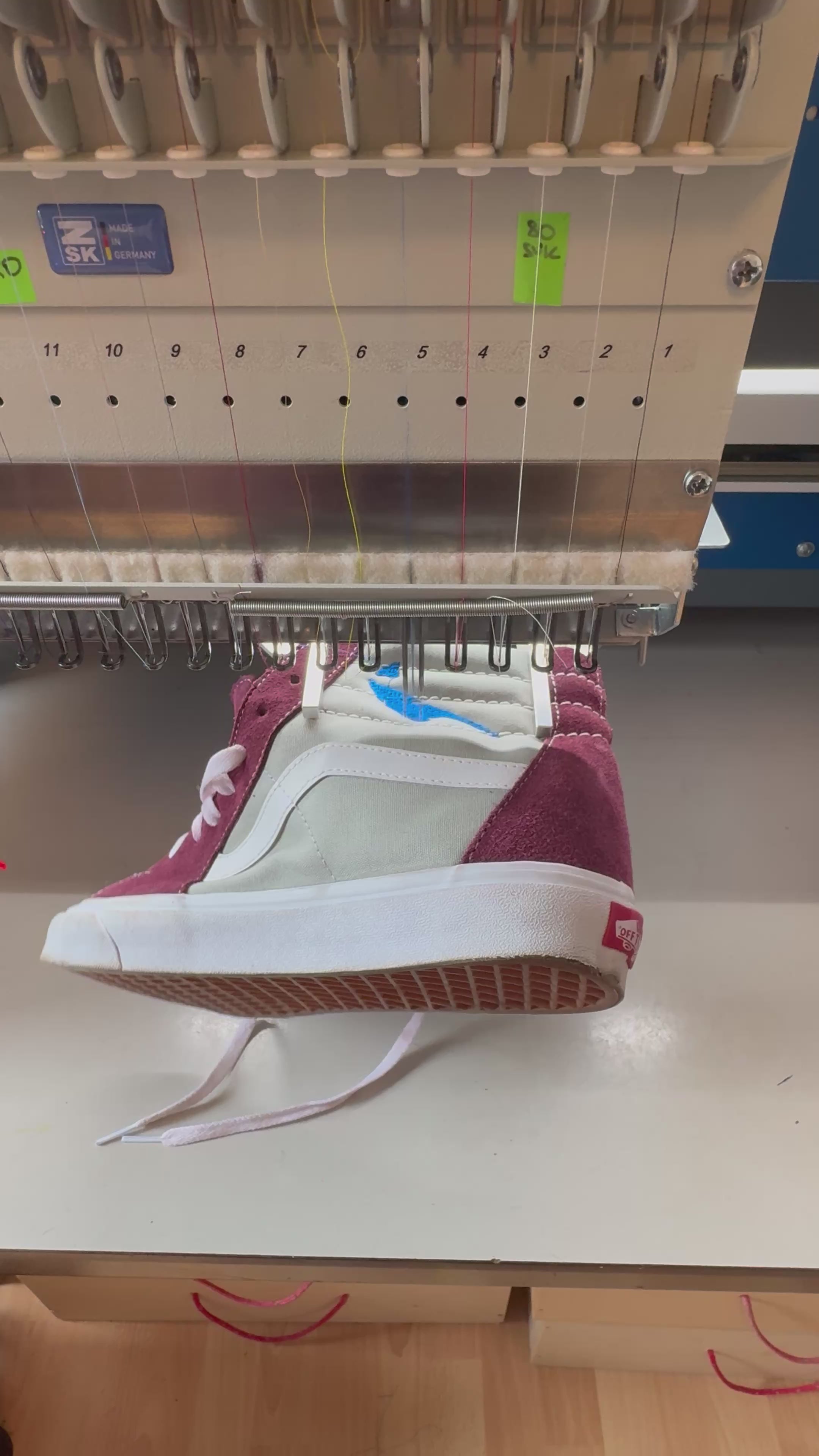 Customized Vans shoe embroidered on a ZSK machine.